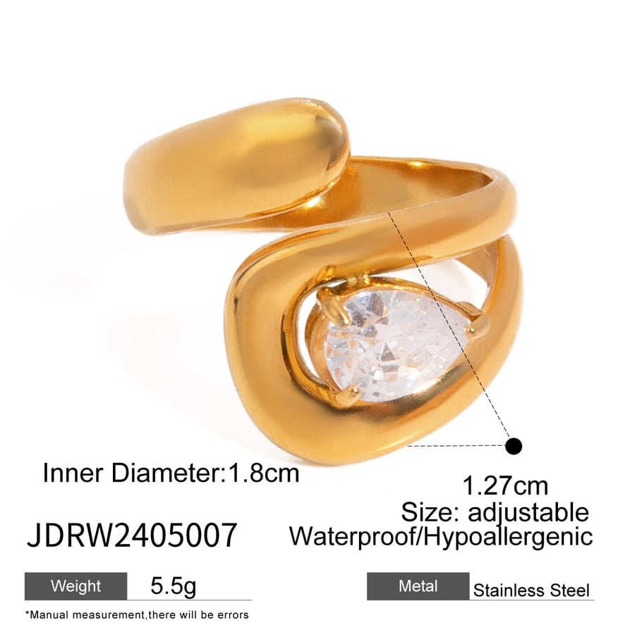 1 Piece Luxurious Series Irregular Stainless Steel Gold Color Rhinestone Women's Single Rings